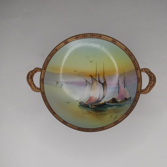 Vintage Hand Painted Nippon Morimura pedestal bowl with two handles and Moriage - Picture 2 of 16